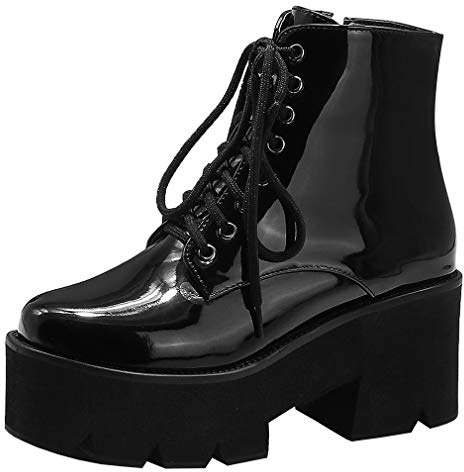 Parisuit Women's Chunky Gothic High Heels Lace Up Ankle Boots Patent Leather Platform Booties Fashion Punk Shoes-black size 8.5