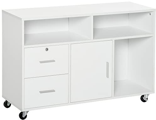 HOMCOM Bürocontainer mit Rollen, Aktenschrank, Büroschrank, Sideboard, Badezimmerschrank für Büro, Küche, Schlafzimmer, Wohnzimmer Spanplatte, Weiß, 100 x 35 x 65 cm