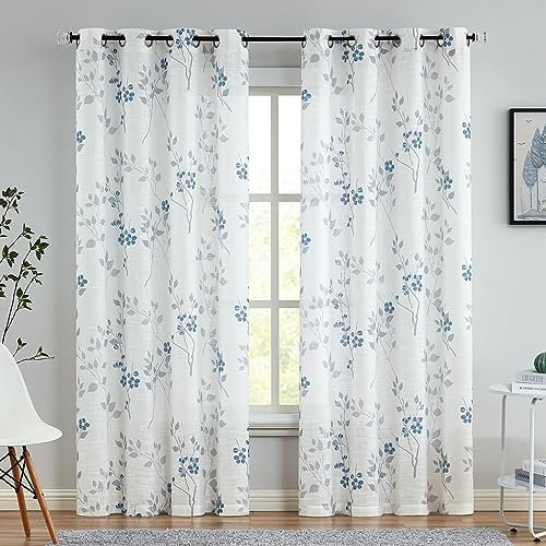 Beauoop Blau Grau Voile Vorhänge Blätter Blumen Muster Leinenoptik Vorhänge mit Ösen für Wohnzimmer Botanisch Halbtransparent Ösenvorhang für Bauernhaus Schlafzimmer 2er Set, 127 x 245cm (HxB)