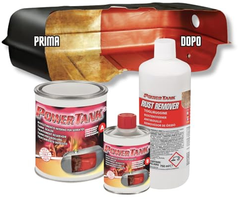 POWER TANK - Trattamento Serbatoio Auto (50/55 Litri) Kit Grande Big 1,3 kg per interno Serbatoi gasolio benzina Elimina la Ruggine Ripara Protegge Arrugginito da Moto di Auto d'Epoca con Antiruggine