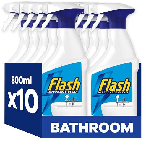 Flash Bathroom Cleaner Spray, 8 Litres (800 ml x 10), Bathroom Cleaning, Limescale Remover & Long Lasting Shine With Febreze Freshness, Bath Cleaner
