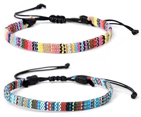 Clyhon 2-er Set Damen & Herren - Handmade Surf-Armband - Ethno Hippie Style - Strandschmuck- Verstellbar - Bohemien-Paar Armband-Freundschaftsarmbänder Mädchen (blau und farbe)