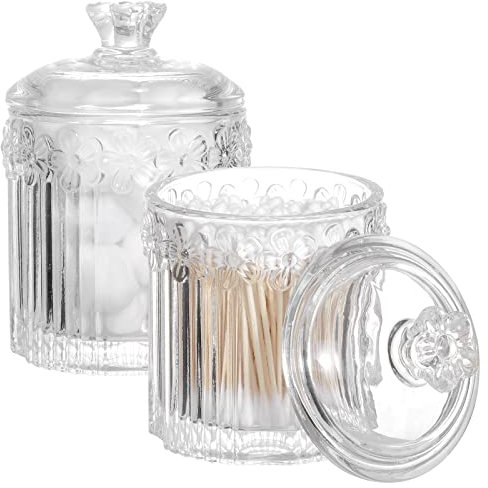 2 Pack Qtip Holder Glass Apothecary Jars with Lids Bathroom Accessories Vanity Organizers and Makeup Storage Canister for Cotton Swabs, Balls, Pads, Floss Picks, Candy, Clear