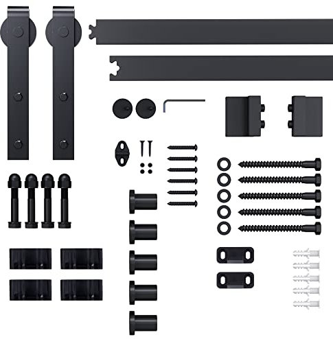 HOMCOM Schiebetüren-Beschlagsatz mit Schrauben Laufschiene Komplett-Set Schiebetürsystem für einzelne Holztür, aus Kohlenstoffstahl Schwarz 200 x 40 x 0,6 cm