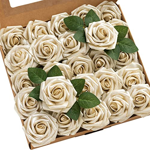 Ling's moment Artificial Flowers 25Pcs Champagne Gold Roses Decor w/Stems, 3 Real Touch DIY Foam Floral for Wedding Bouquet/Centerpieces, Outdoors Party Backdrop, Room/Table, Christmas Decor