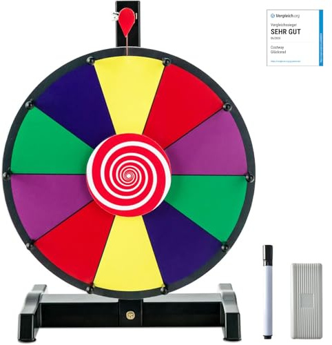 COSTWAY Roue de la Fortune 30cm avec 10 Emplacements, Roue de Prix Tournante avec Marqueur & Effaceur, Pointeur Clair, Base Antidérapante pour Fête Réunion