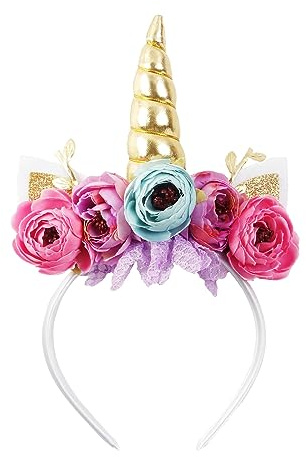 Nishine Mädchen Glitter Einhorn Horn Stirnband Kamelie Pony Stirnband Blume Haarband Tiara für Party Geburtstag Geschenk(Gold&Türkis)