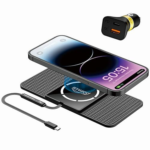 Magnetic Wireless Car Charger Pad, Polmxs 15W Compatible with Magsafe Car Charger Non Slip Type C Wireless Charging Pad with 40W Car Charger for iPhone 17/16/15/14/13/12, Airpods (30CM Cable)
