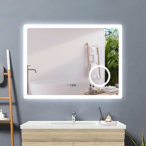 Acezanble Badspiegel mit Beleuchtung 80x60cm,LED Spiegel mit Uhr Touch Beschlagfrei 3-Fach Schminkspiegel,Badspiegel 3 Lichtfarbe Dimmbar mit Memory,Energiesparend Wandspiegel Lichtspiegel