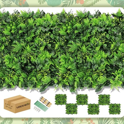 VERDEARTH 6 PCS 20x20 Artificial Plant Wall Panels, Foliage Topiary Hedges Panels, Plastic Faux Shrubs Fence Mat, Greenery Wall Backdrop Decor, Home Garden Outdoor Wall Decoration (6, A047)