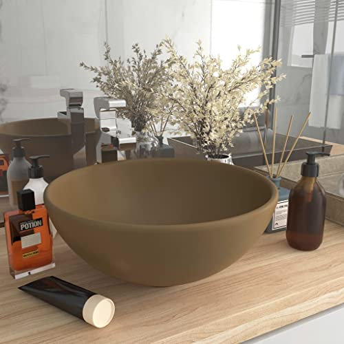 FOZICV Luxus-Waschbecken Rund Matt Creme 32,5x32,5x14 cm Keramik Badmöbel Modern Spülbecken Rund Spülbecken Keramik Waschschale Washbasin Aufsatzbecken Aufsatzwaschtisch