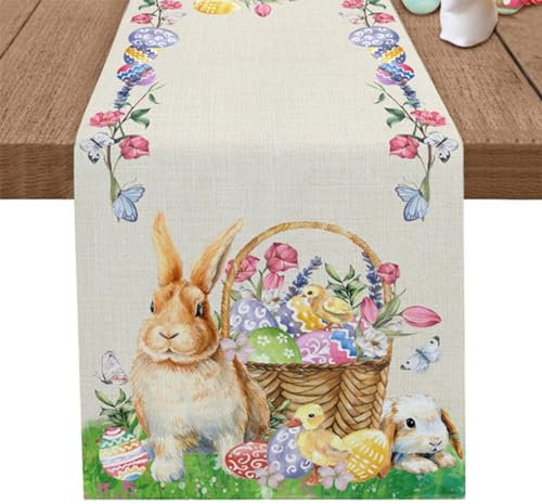 TAOLE Tischläufer Frühling Ostern, 40x180cm Hasen Frühling Küche Esstisch Dekoration Wohnzimmer Waschbar Für Drinnen Und Draußen