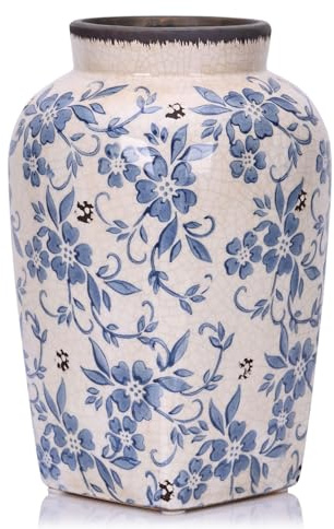 Vaso Floreale Blu e Bianco - Ceramica Vintage da 24,6 cm per Centrotavola, Rustico da Fattoria per Decorazione Domestica, Decorativo per Cineserie