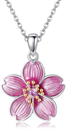 VENACOLY Cherry Flower Necklace Sterling Silver Pink Flower Pendant Cherry Blossom Christmas Mother's Day Jewellery Gifts for Women Mum