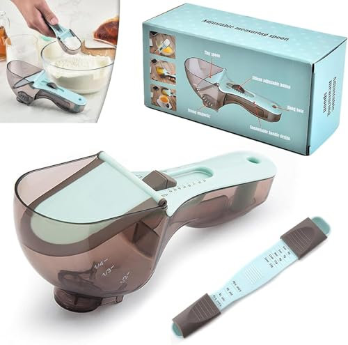 YOKIKIYO Cuchara medidora Ajustable para Hornear sin Pilas, Cuchara medidora Ajustable con Correa magnética, Juego de Taza medidora magnética y Cuchara para Alimentos, café, harina