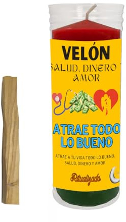 Velón ritualizado de la salud, dinero y amor 3 colores, rojo, amarillo y verde - Con 1 palo de Palo Santo - Producto esotérico