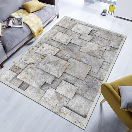 DUCAPE Moderner Grauer Steinmuster-Teppich Für Wohnzimmer, 120 x 180cm Rutschfester, Waschbarer Ästhetischer Steinteppich, Teppiche Mit Steinplattenpflasterstrukturen Für Schlafzimmer, Küchenteppiche