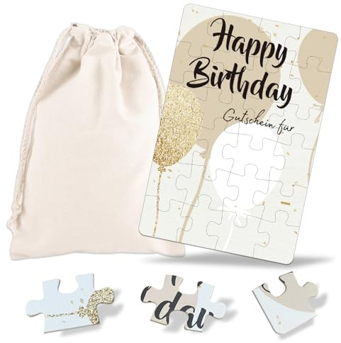 Geburtstagskarte, Gutschein Geburtstag, Gutscheine zum selber ausfüllen | 24-teilig Happy Birthday Puzzle mit Baumwoll-Säckchen, Wunschgutschein, Lustige Geburtstagsgeschenk für Frauen Freundin