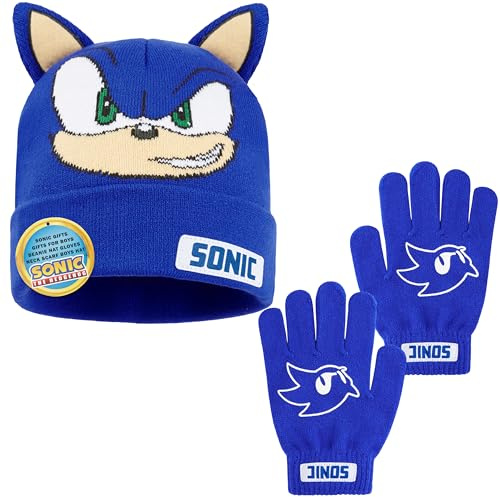 Get Trend SONIC THE HEDGEHOG Gorro y Guantes Niños Invierno, Conjuntos para Niña Niño 4-12 Años con Orejas 3D Bordado, Regalo Gamer (4-12 Años, Azul SONIC, 2)