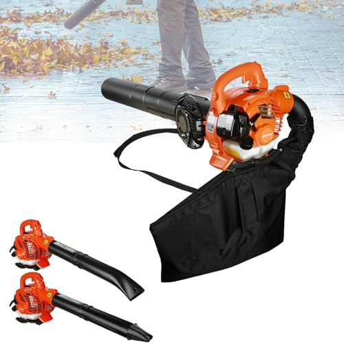 26CC Leaf Vacuum Cordless with Bag, 2 Stroke 424 CFM Gas Powered Leaf Blower, Handheld Leaf Mulcher Dual-Purpose (Blowing and Suction) Cleaner with Straight and Curved Blow Pipe (Orange)