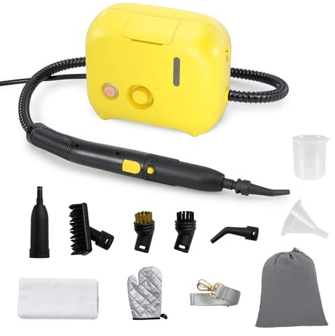 FANTASK 1600 W ångtvätt med 10 tillbehör och bälte, ångtryck: 3 bar, uppvärmningstid: 15 s, temperatur: upp till 180 ℃, tank: 1000 ml (gul)