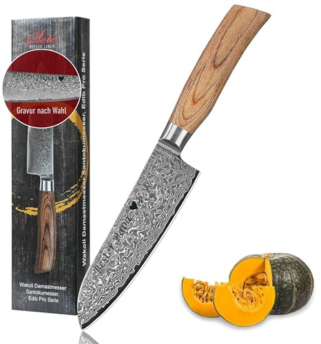 Wakoli EDIB Pro Damast Santoku Messer mit Gravur – Personalisiertes Küchenmesser, 16 cm Klinge aus 67 Lagen Damaststahl (VG10-Kern), ergonomischer Pakkaholzgriff – Profi Santokumesser in Geschenkbox
