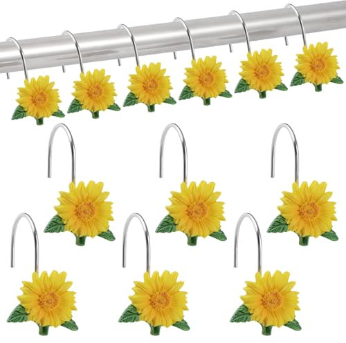 UFURMATE Lot de 12 crochets de rideau de douche en forme de tournesol avec tournesol lisse en forme de S pour rideau de salle de bain (jaune)