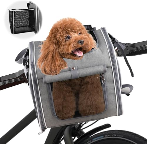 Dog Bike Basket Expandable, Detachable Front & Side Opening Pet Carrier with 4 Doors & Mesh Windows, Easy Mount Safe Bicycle Basket with Soft Plush Cushion for Small Dogs, Cycling (Grey)