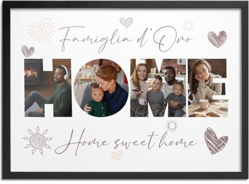 Pictalia - Personalisierte Bilderrahmen HOME, Personalisierte Familien Geschenke, Familien geschenk, Einweihungsgeschenk Wohnung, Einweihungsgeschenk Haus, Rahmen A4, A3, A2, Anpassbarer Text