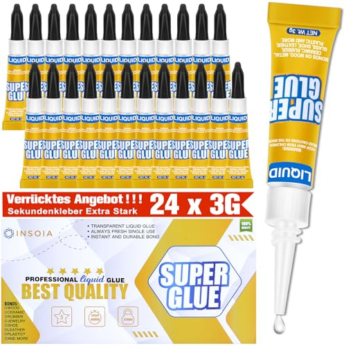 Sekundenkleber Flüssig (24er-Pack x 3g) – extra stark & wasserfest Superkleber für schnelle, flexible Sofortreparaturen, transparent kontakt Kleber für Kunststoff, Holz, Porzellan, Glas uvm.