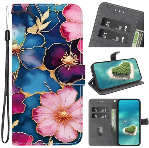 Funda protectora magnética de piel sintética a prueba de golpes con tarjetero y función atril para Motorola Moto E13, color azul dorado
