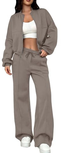 Gym Sets for Women 2 Piece, Zip Up Bomber Jacket & Drawstring Wide Leg Joggers, Soft Comfy Women's Tracksuits, Ladies Two Piece Outfit for Autumn Winter Everyday Wear