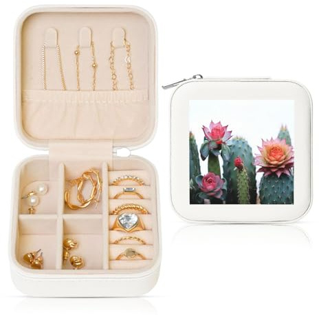 KKLWEGU Petite boîte à bijoux de voyage en forme de cactus pour femmes, filles, cadeaux pour anniversaire, Noël, blanc