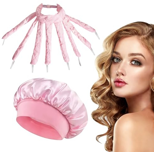 2er-Set Octopus hitzefreie Lockenstäbe mit Seiden-Nachtmütze, kein Hitze Lockenband für DIY Styling, weiches Schlaf-Locken-Set für federnde Locken und Wellen bei langem Haar (Pink)
