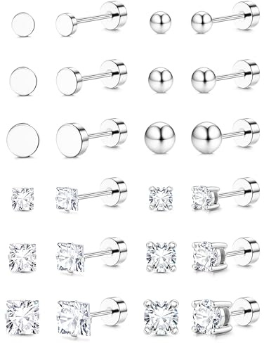 Dochais 12 Pares Pendientes Mujer/Hombre, Acero Inoxidable 316L Quirúrgico Hipoalergénico, Pequeños Pendientes Zirconia Oro/Plata 3/4/5mm