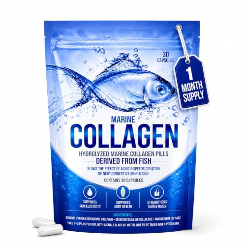 Hydrolyzed Fish Marine Collagen Capsules – Skin, Joint Health Support Supplement – 5000mg, 30 Pure Fish Collagen Capsules for Healthy Skin, Hair, Nails, and Joints – Made in UK