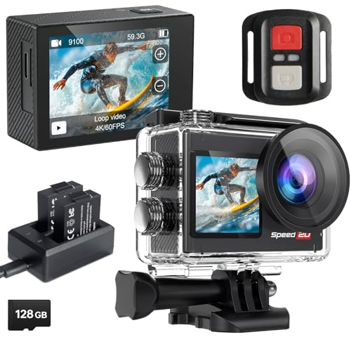 Hiicam 128G Action Cam 4K60FPS 40MP WiFi Unterwasserkamera 40M Wasserdicht Ultra HD Touchscreen Actioncam 170° Ultra-Weitwinkel, EIS Stabilisierung, 5X Zoom, 2.4G Fernbedienung und 2 Akkus 1350mAh