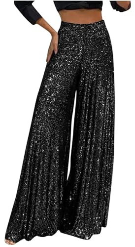 Paljettbyxor för kvinnor, breda ben utsvängda byxor, glitterbyxor med hög midja, casual Marlene-byxor, veckade fritidsbyxor, metallisk haremsbyxa, glitterbyxor, karnevaldräkt, Svart, XL