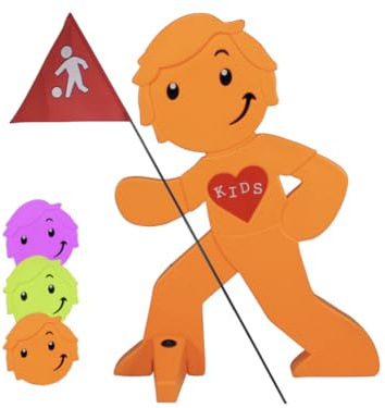 StreetBuddy - Warnfigur mit Fahne, reflektierender Warnaufsteller für Kindersicherheit - Achtung langsam fahren - Vorsicht spielende Kinder - Schild Autofahrer Warnung (Orange)