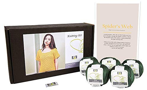DesignEtte Spinnennetz Spider's Web Damen-Strickset, 100% ägyptische Baumwolle, Garn, Schalen und Muster, Anfänger, Starterpack-Box, 50 g ≈ 127 m/5-lagig, dunkelgrün, XL