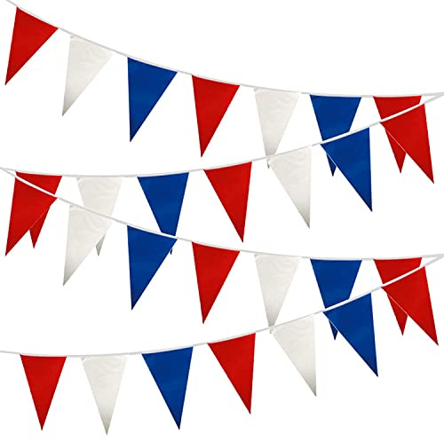 10M/33ft Red White and Blue Fabric Bunting Garland 20 Flags King’s Coronation Union Jack French Banner Pub BBQ Royal Events Support Party Decorations
