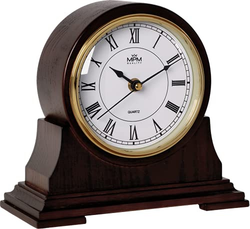 MPM Quality Retro Dark Wood Tischuhr, Dunkles Holz, Traditionelle Elegante Holztischuhr, Römischen Ziffern, Präziser Quarz-Schrittmotor, schöne Wanddekoration für Wohnzimmer, Küche oder Büro