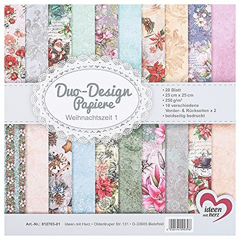 Ideen mit Herz Duo-Design-Papiere | Block mit 20 Blatt Bastelpapier | 25 x 25 cm | 250g/m² | beidseitig bedruckt | Designpapier, Motivpapier | ideal für Scrapbooking, Basteln (Weihnachtszeit 01)