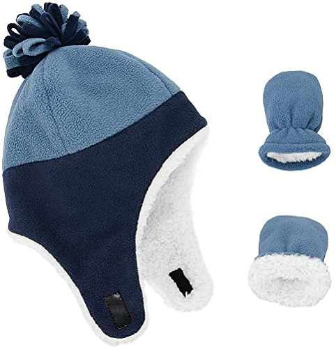 Ensemble de bonnet d'hiver en polaire chaud avec cache-oreilles et bonnets doublés pour enfants avec bonnet de trappeur et bonnet à pompon avec boucle