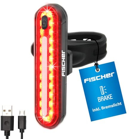 FISCHER Rear, luce LED per bicicletta Stop, 50 LED, luce posteriore con luce del freno, con batteria e funzione di ricarica USB, protezione dagli spruzzi d'acqua secondo IP44, approvato dalla StVZO,