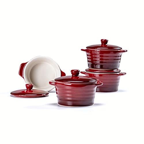 Ramekins de Cerámica, Cazuelas Rojas con Tapa y Asas, 4 Platos Soufflé para Sopa, Crème Brûlée y Soufflé, Cuencos para Ramequines