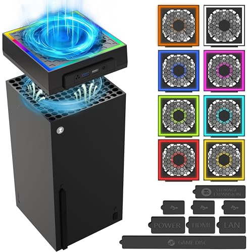 GAMSURFING Cooling Fan Dustproof for Xbox Series X Console with Colorful LED Light,Accessory with 6 Dust Cover Filter,8 Rubber Dust Plugs,3 Levels Low Noise Top Fan, for Xbox Series X Black and White