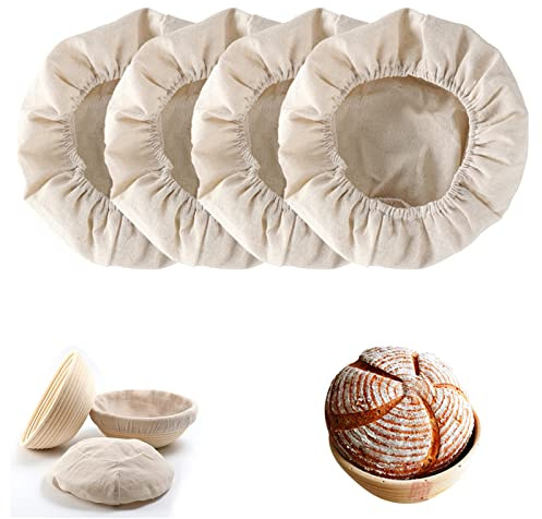 Yzwuyou 4 Stück Bäckerleinen Leinentuch Brot Backen Gärtuch, Gärkörbchen Rund 25 cm, Leineneinsatz für Gärkorb, für Garkörbe Brot Gärfolie