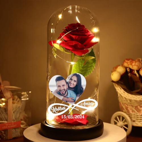 personalized Infinity Heart photo Eternal Flower Light Custom Photo Rose Night Light Rose Gift for Women,Artificial Flower Rose Light Up Rose in A Glass Dome,Women Gifts for Her,Girlfriend,Valentines