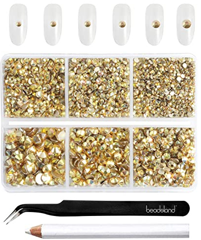 Beadsland 4300 Stück Gold Strasssteine mit flacher Rückseite,Nagelsteine, runde Kristall-Strasssteine zum Basteln, gemischt in 6 Größen, mit Picking-Pinzette und Wachsstift-Set, SS6–SS20,Metallgold